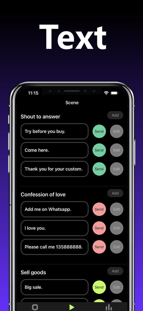 LED Banner－LED - Interface of the LED Banner app showing categorized text templates for social interaction and commerce