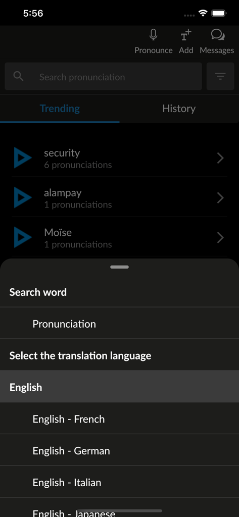 Forvo app interface showing a menu to select translation languages like French German and Italian