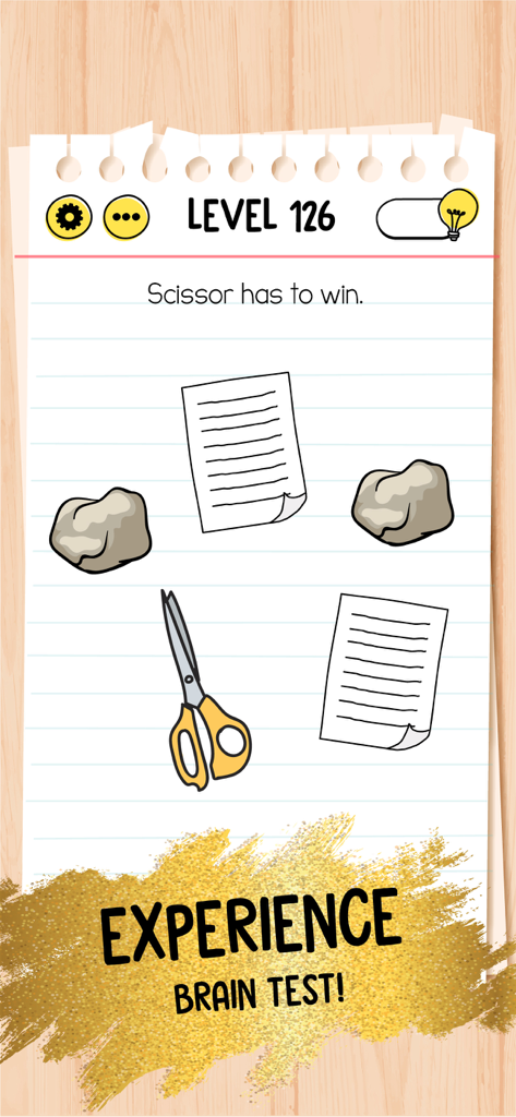 Un niveau de puzzle de logique difficile de Brain Test Premium présentant une énigme pierre-feuille-ciseaux