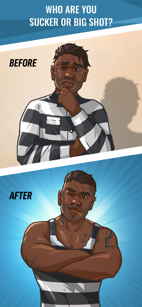 Hoosegow: Prison Survival - Before and after comparison of a prisoner character in Hoosegow Prison Survival