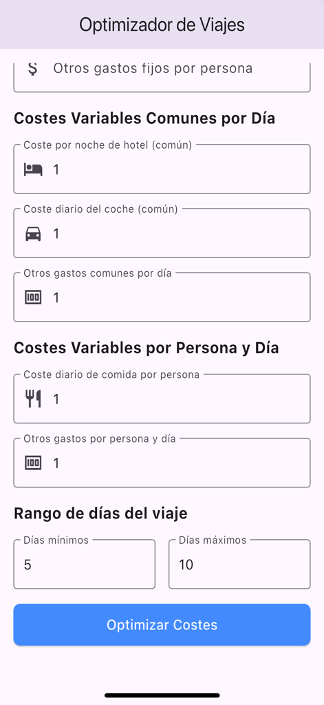 Optimiza tu Viaje - Tela de cálculo de orçamento de viagem com campos para despesas de hotel, carro e alimentação