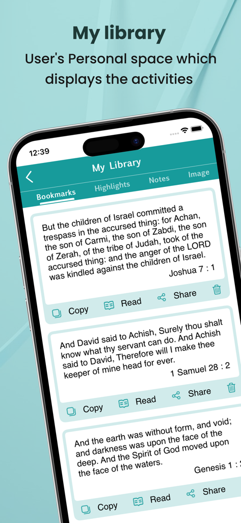 KJV Apocrypha - KJV伪经应用程序的我的图书馆部分，显示带有复制、阅读和分享选项的书签经文。
