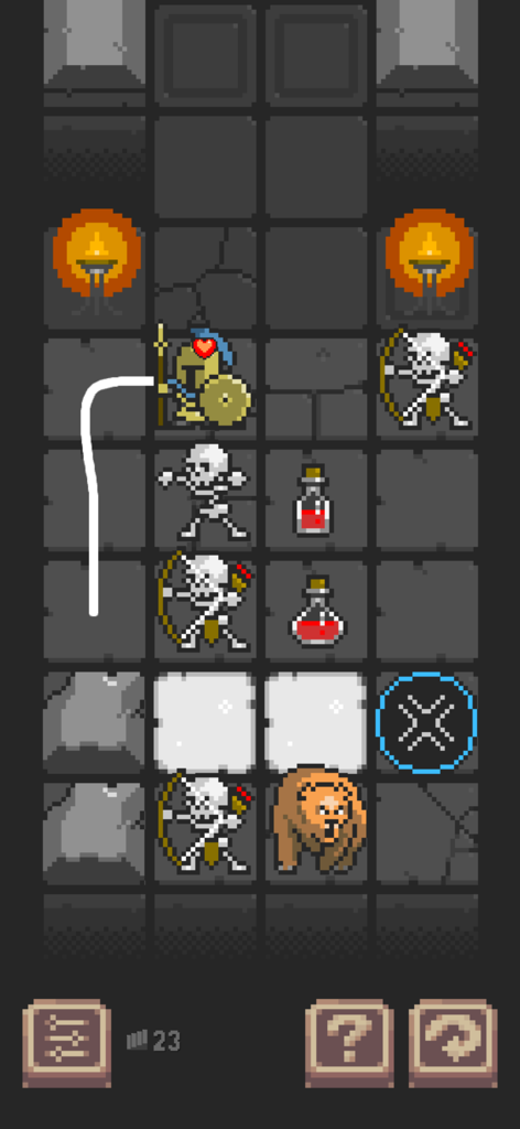 Gridlock Dungeon - A pixel art gameplay screenshot of Gridlock Dungeon showing a hero traversing a grid path past skeleton enemies and potions