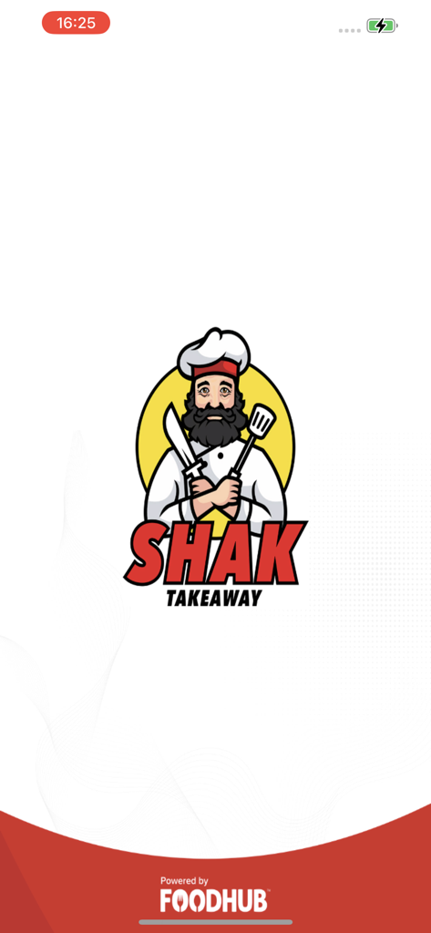 Shak Indian Takeaway - レストランのロゴとシェフのマスコットが特徴のShak Indian Takeawayアプリのスプラッシュスクリーン