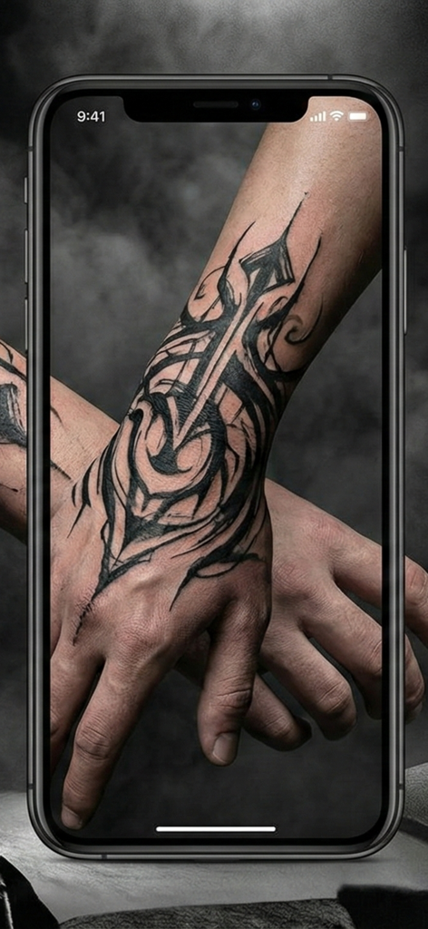 İnkscape & Pinterest Tattoo - A smartphone screen showing a realistic virtual tattoo design on a hand