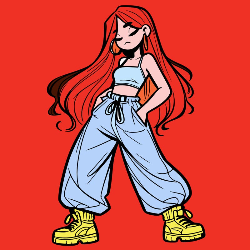 girl in baggy pants crop top and long hair