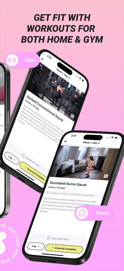 Sesh: Women Fitness & Workouts - Two mobile screens displaying Sesh app workouts for both gym and home environments including barbell and dumbbell squats.