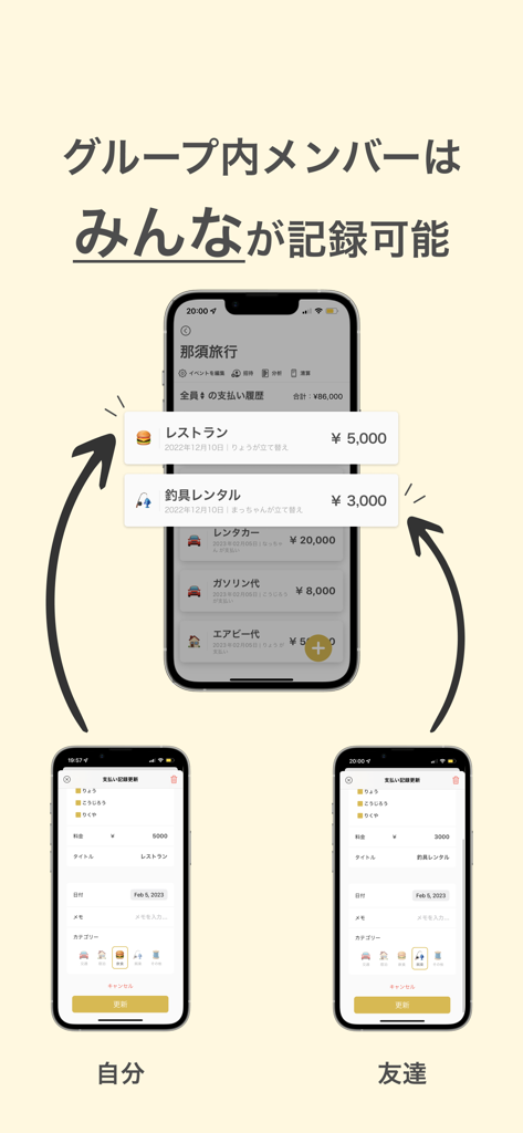 割り勘 レコペイ- 共有家計簿・旅行計画・レシート読み取り - Three smartphones showing the Recopay app interface for shared group expense tracking and collaborative bill splitting between friends