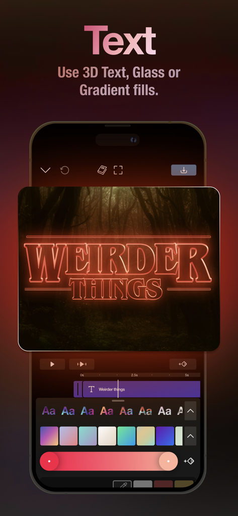 Interface do aplicativo Riveo mostrando edição de texto neon 3D para vídeos cinematográficos