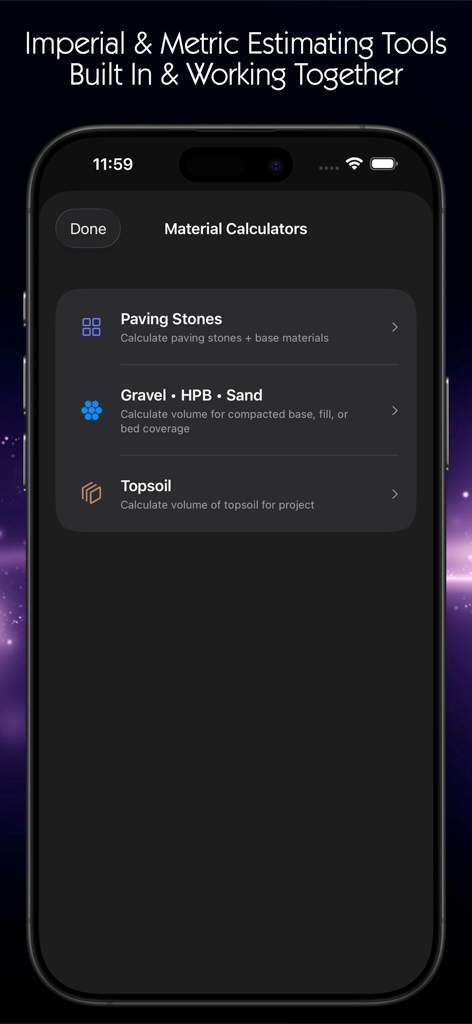 Paving Estimator - Paving Estimator app interface showing material calculators for paving stones gravel and topsoil.