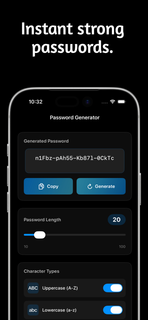 KeyCave: Your Password Manager - Interfaz de KeyCave mostrando el generador de contraseñas con longitud y tipos de caracteres personalizables.