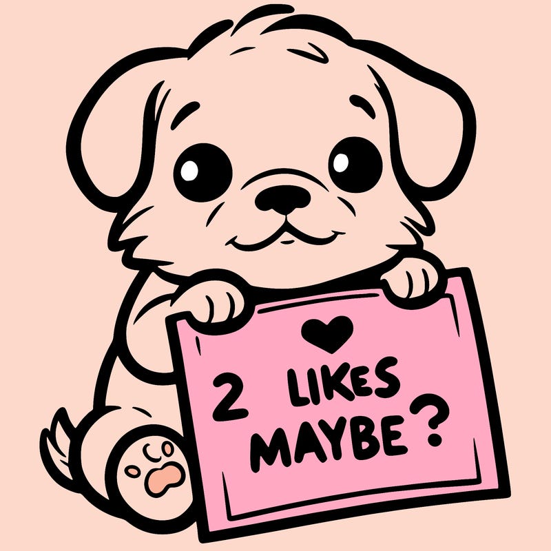 a puppy holding a sign that says 2 likes maybe?