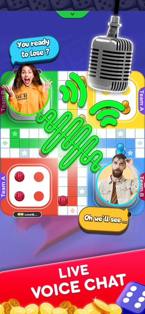 Players interacting through the live voice chat feature in the Ludo SuperStar mobile board game