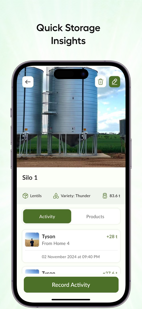 FarmTrak - FarmTrak app interface showing grain silo inventory levels and recent activity logs for storage management.