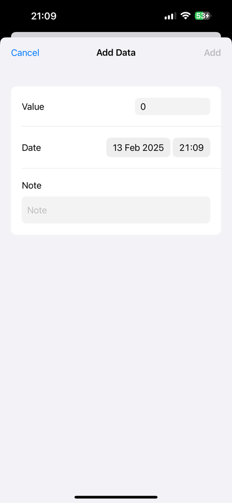 Counter App - Click Tracker - A screenshot of the Counter App showing the Add Data screen with fields for value, date, and notes.