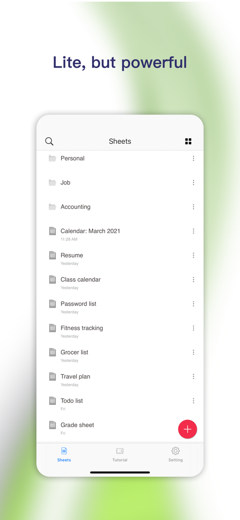 Simple Spreadsheet:view & edit - A mobile interface showing organized folders and a list of spreadsheet documents like calendars and budgets.