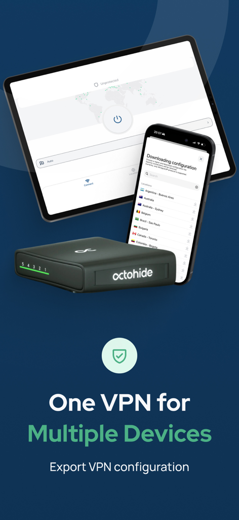 Octohide VPN interface on a tablet and smartphone showing the multi-device configuration export feature