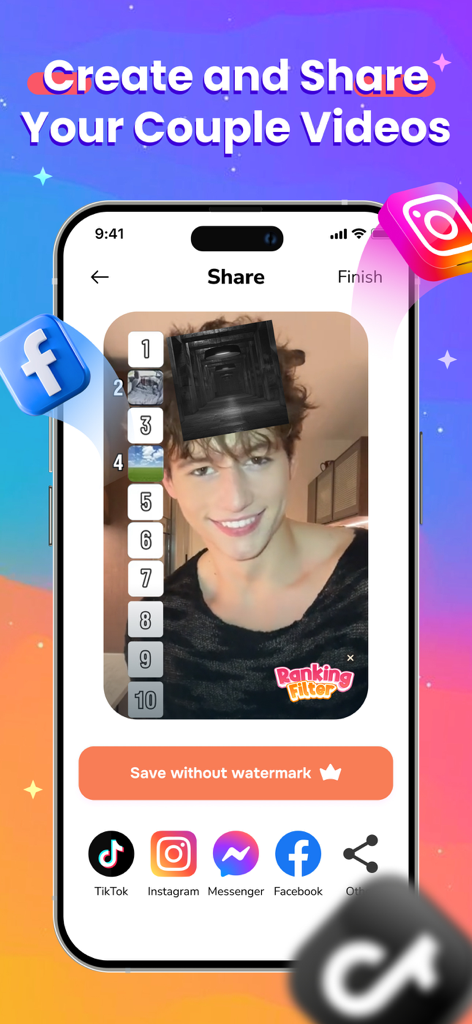 Ranking Filter Funny Challenge - Interface of Ranking Filter app showing a user's ranking video with social media share buttons