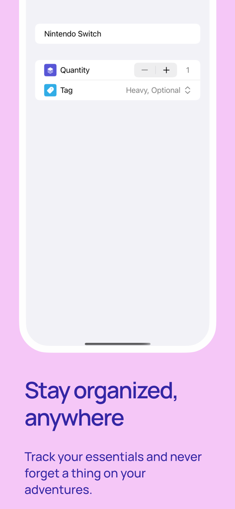 Packed Up: Smart packing - A mobile interface from the Packed Up app showing travel item details including quantity and custom tags for a Nintendo Switch.