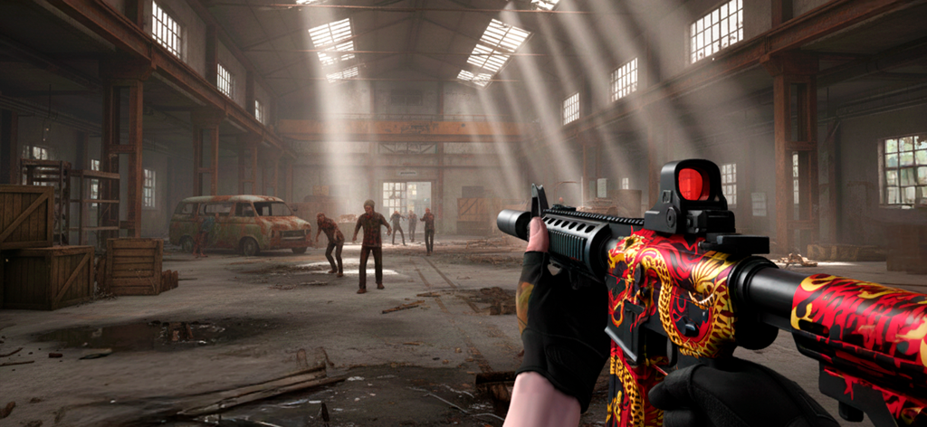 Zombie Apocalypse・Shooter Game - 좀비로 가득 찬 창고에서 용 문양이 새겨진 라이플을 들고 있는 플레이어의 1인칭 시점