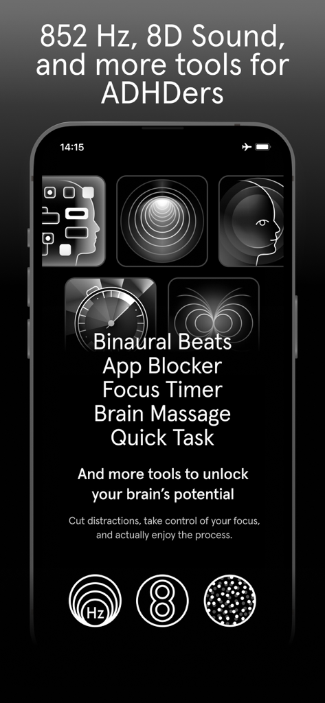 Endel app interface highlighting tools for ADHD including 8D sound binaural beats and focus timer