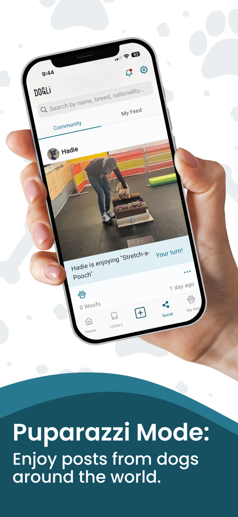 DOGLi - Dog Enrichment & Games - A smartphone screen showing the DOGLi app Puparazzi Mode where users share photos and videos of their dogs doing enrichment activities