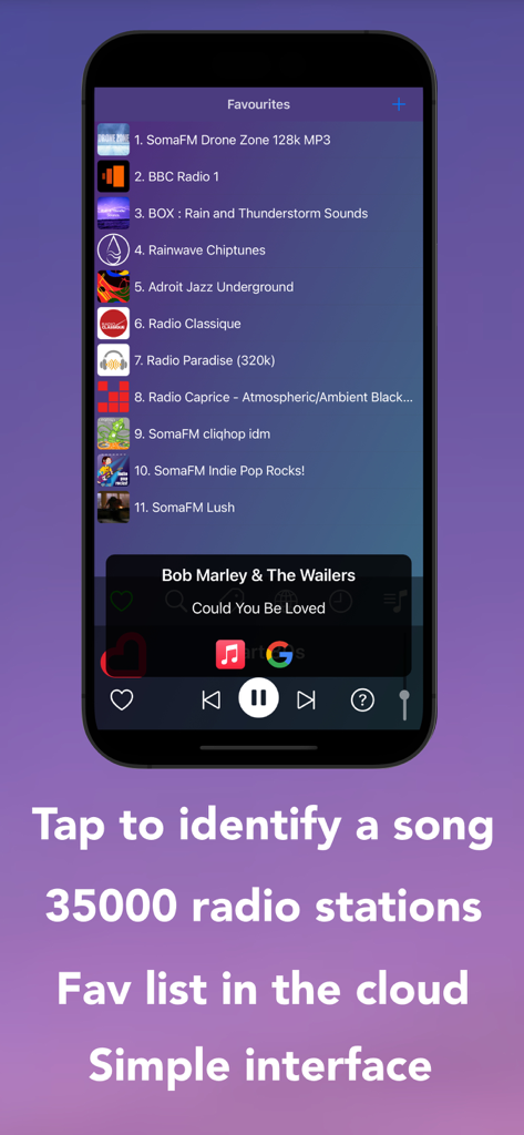 Radio Unit - Interfaz de la aplicación Radio Unit que muestra una lista de emisoras favoritas y detalles de la canción actual