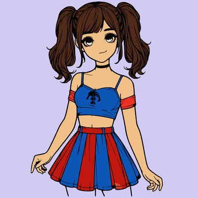 realistic girl in a skirt crop top and pigtails