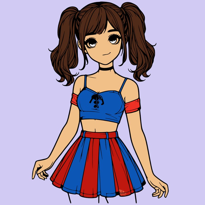 realistic girl in a skirt crop top and pigtails