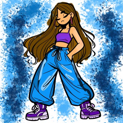 girl in baggy pants crop top and long hair