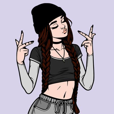 realistic teenage girl with braids and a beanie and crop top doing 🫶🏼