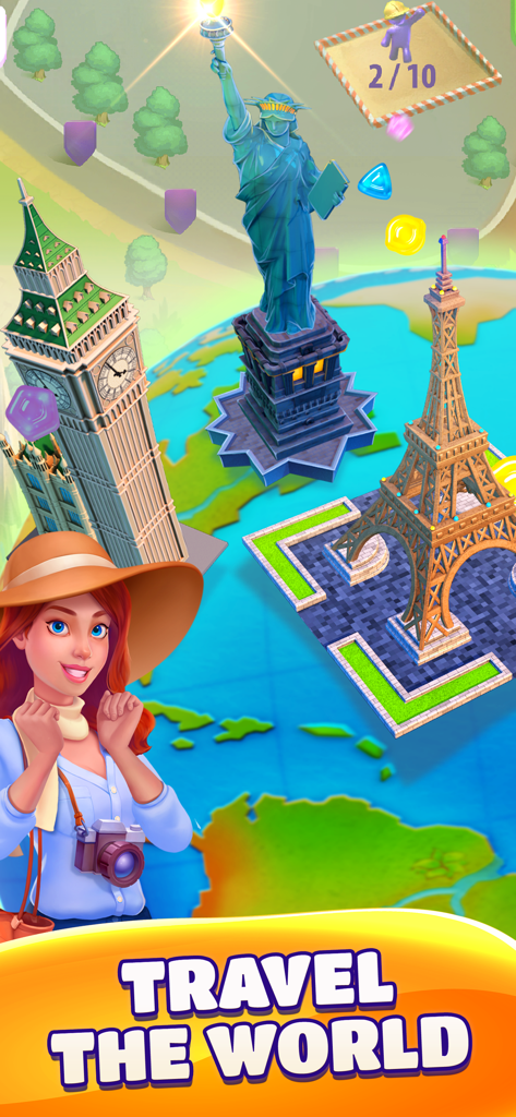 Gummy Drop! Match 3 Puzzles - A female traveler character with a camera standing in front of world landmarks like the Eiffel Tower and Statue of Liberty.