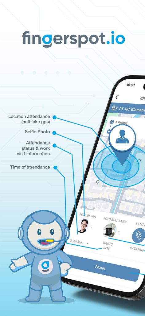 Fingerspot mobile app interface showing GPS location attendance and selfie photo verification features