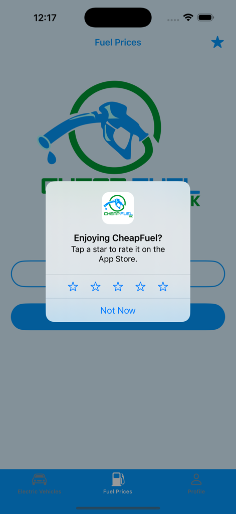 Cheap Fuel UK - Cheap Fuel UK mobile app displaying an in-app rating request pop up