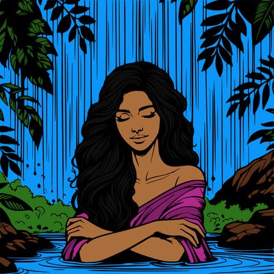 realistic female model under waterfall