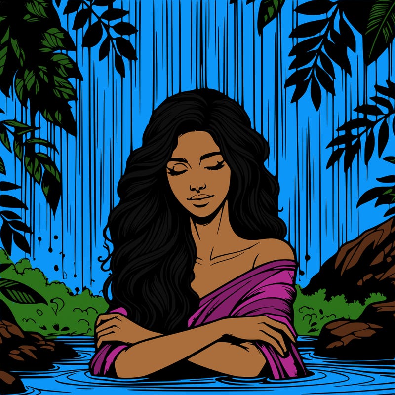 realistic female model under waterfall