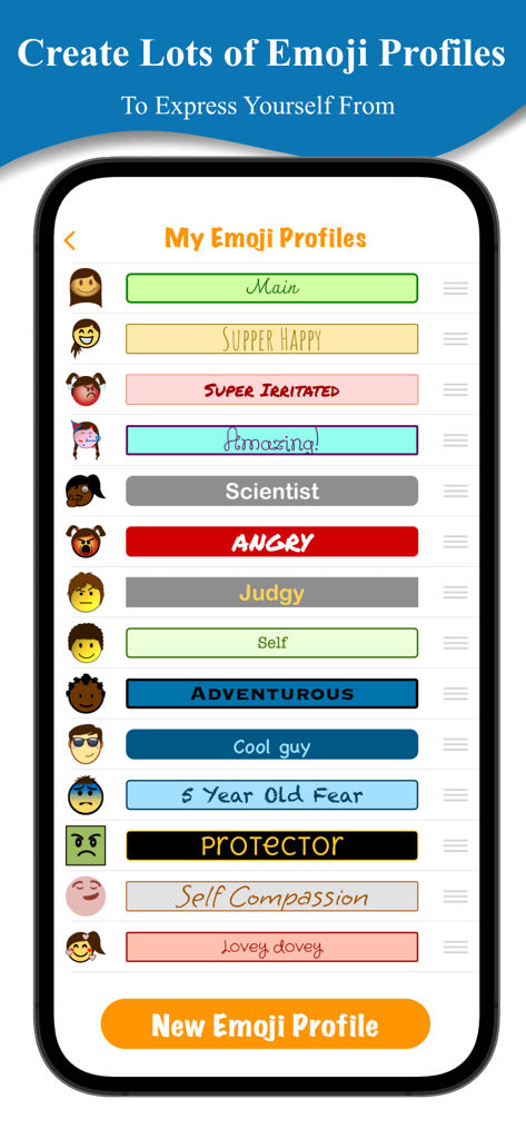 Emoji Journal - A screen showing various customizable emoji profiles for different emotions and personas within the Emoji Journal app
