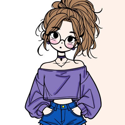 girl with a messy ponytail glasses a baggy crop top and jean shorts