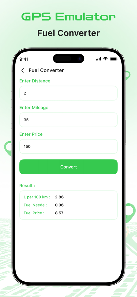 Pantalla del convertidor de combustible en la aplicación GPS Emulator Location para calcular los costos de combustible del viaje