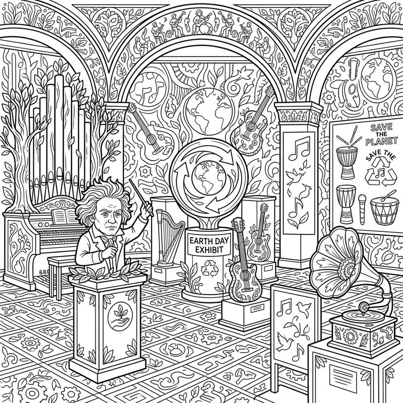 Dive into a unique coloring experience combining the grandeur of a music museum with the vital message of Earth Day. This intricate design features classical instruments, iconic composers, and inspiring environmental motifs, perfect for mindful coloring.