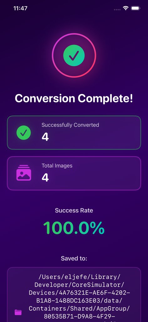 Pantalla de conversión por lotes exitosa de la aplicación HEIC JPG Converter mostrando una tasa de éxito del 100 por ciento