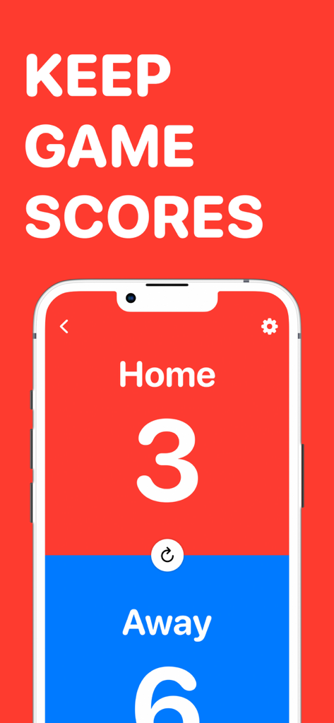 Super Scoreboard app showing home and away scores on a red and blue split screen