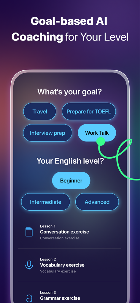 ELSA Speak app interface showing English learning goal selection and proficiency level for AI coaching.