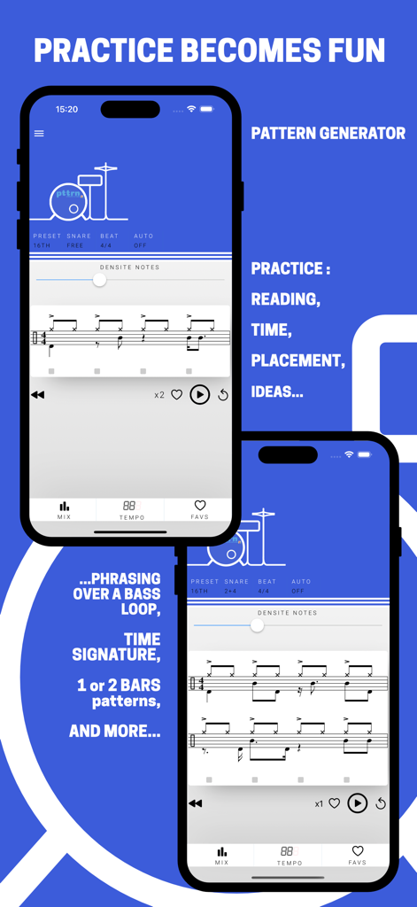 pttrN for drummers - Interfaz de la aplicación pttrN para bateristas mostrando patrones de batería generados y funciones de práctica