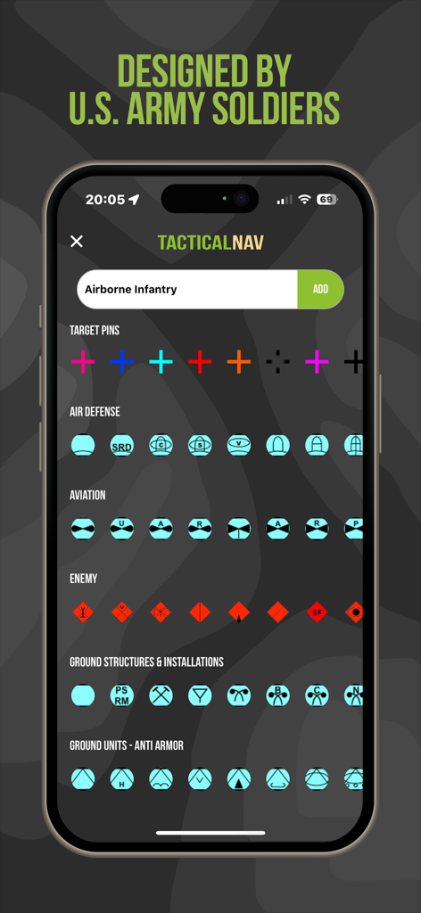 Tactical NAV app screen displaying various military symbols and icons for tactical mission planning