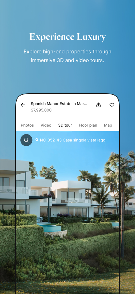 Pantalla de la aplicación JamesEdition mostrando un recorrido 3D de una propiedad de lujo de alta gama