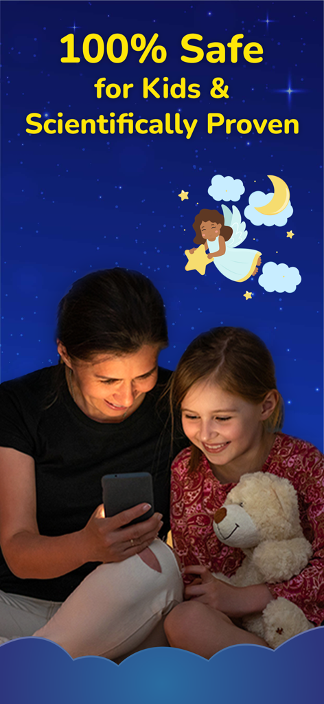 Meditation for Kids Sleep - A mother and child using the Meditation for Kids Sleep app at bedtime with a message about scientific proof and safety