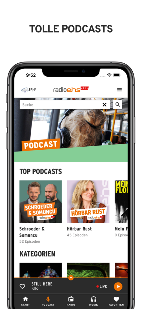 La sección de podcasts de la aplicación radioeins que muestra los principales podcasts y categorías alemanas.