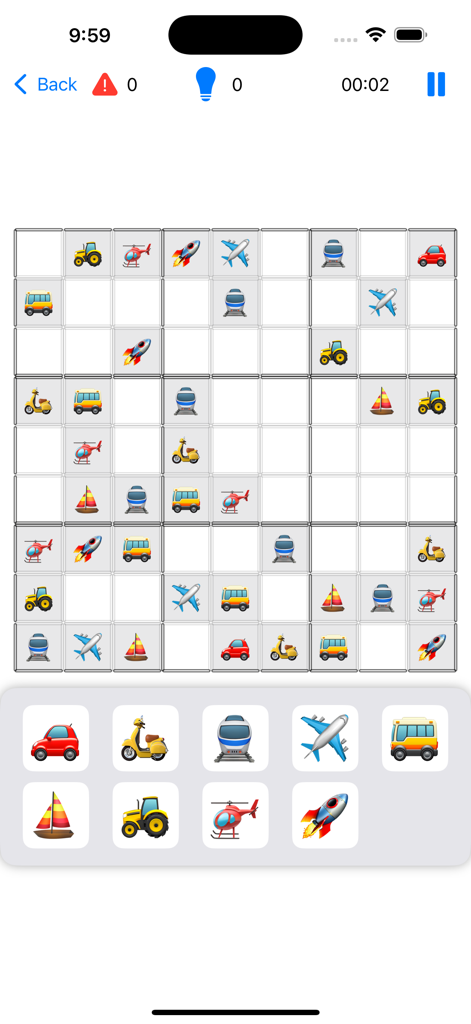 Sudoku – Numbers & Symbols - Tabuleiro de jogo Sudoku usando símbolos de veículos em vez de números.