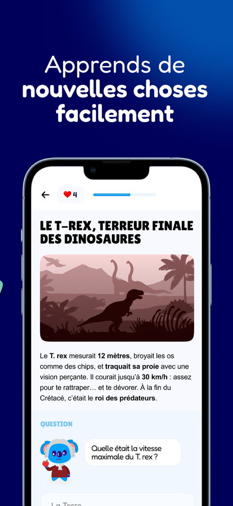 Interface of the Sapio app showing a lesson about T-Rex with a quiz question.